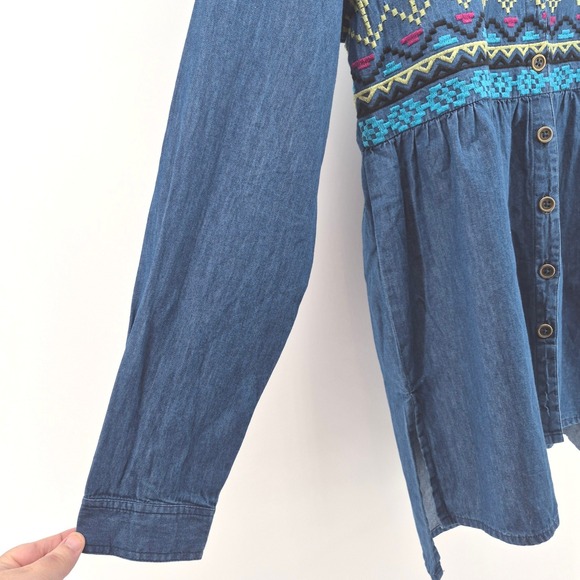 Roper Womens Embroidered Denim Tunic Shirt Blue Cactus Aztec Sz M Boho Western - Picture 6 of 13
